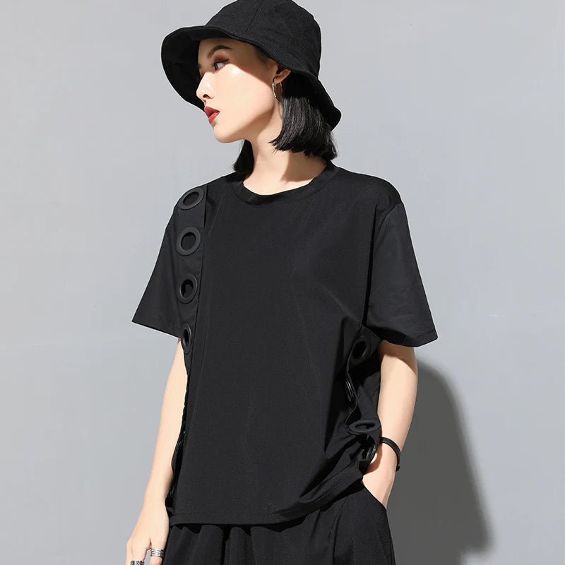 2022 New Summer Black Hollow Out Spliced T-Shirt Women Clothes O-Neck Short Sleeve Loose Casual Fashion Tee Tshirt Femme Tops